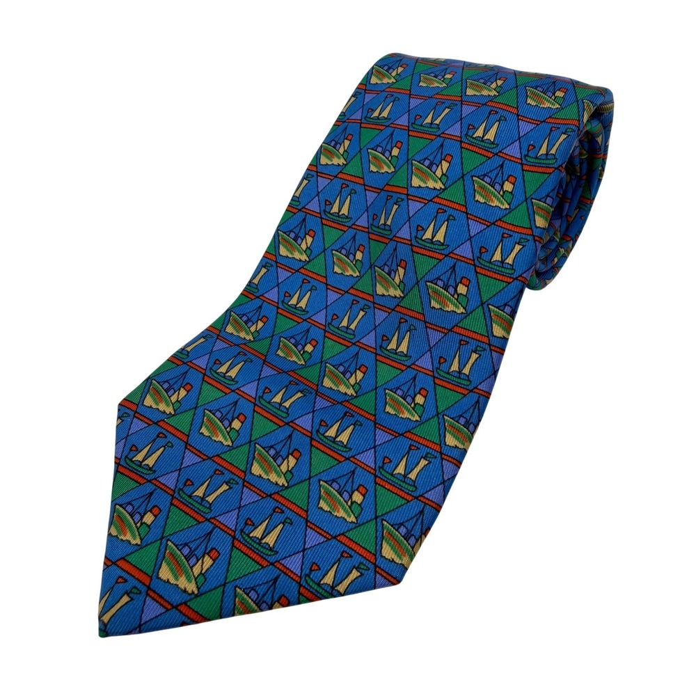 Hermes Paris Mens Silk Tie Blue Green Nautical Sailboat Steamship 7290 EA France